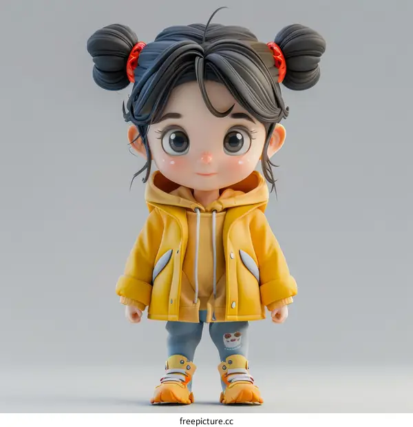 3D rendering of a cute little girl wearing a yellow raincoat