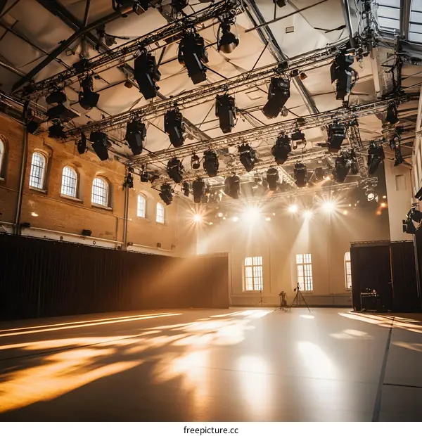Empty Stage with Sunbeams and Lighting Equipment