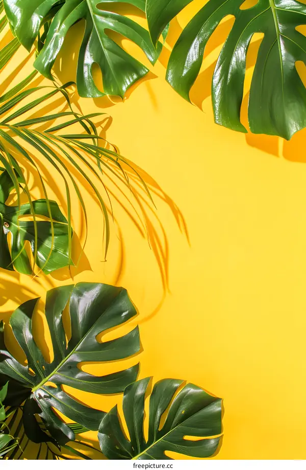 Green Tropical Leaves on Yellow Background