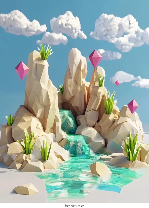 Low Poly 3D Illustration of a Waterfall and a Stream in a Desert Landscape