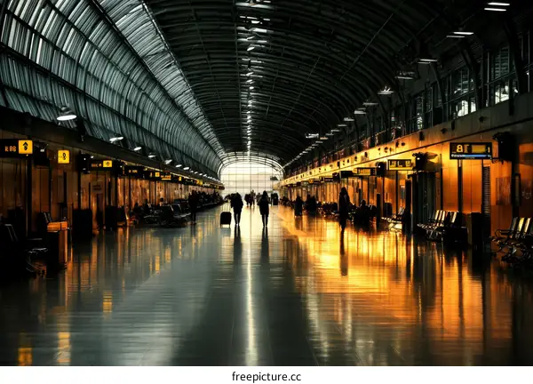 Empty Airport Concourse at Dawn with Silhouette People