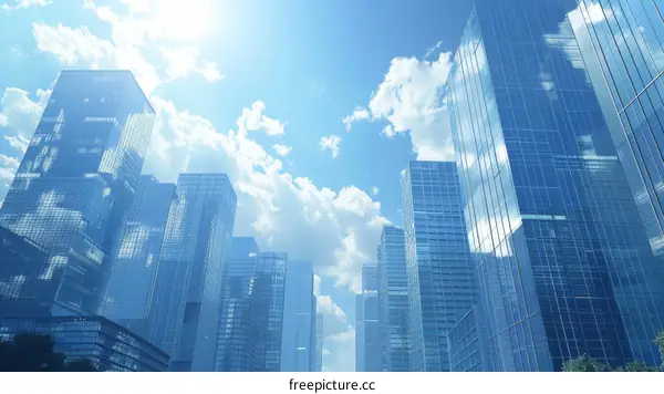 Modern Skyscrapers Reflecting Blue Sky and Clouds