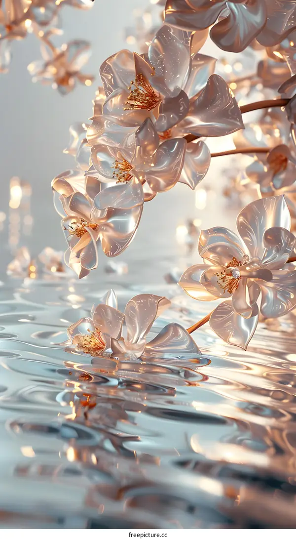 White and gold flowers floating on the water