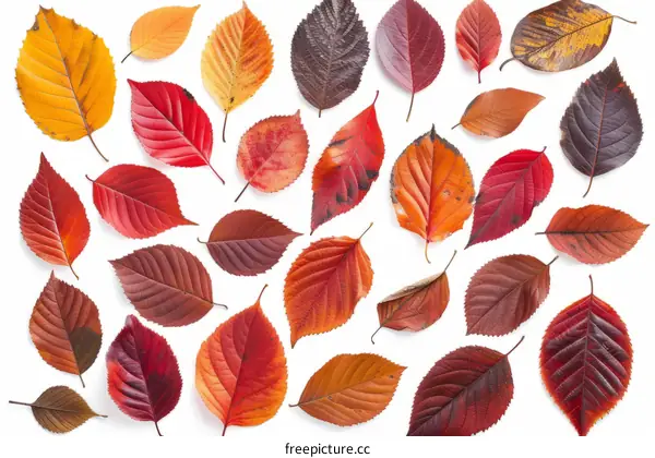 Colorful autumn leaves isolated on white background