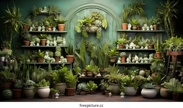 A Lush Green Wall of Plants and Succulents on Shelves and Pots with a Dark Background