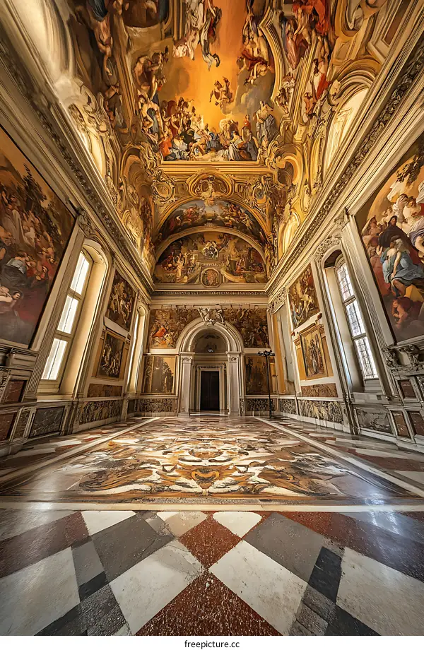 Ornate Ceiling and Marble Floor of an Empty Hall
