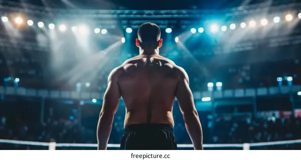Male boxer standing in the ring with his back turned to the camera