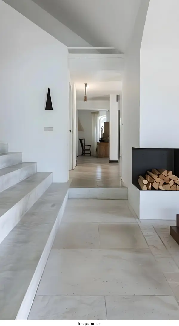 Modern White Interior Design With Stairs And Fireplace