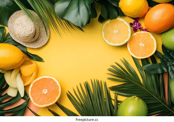 Summer Tropical Fruit Background with Hat and Palm Leaves