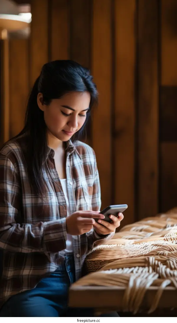 Asian woman using smartphone in workshop