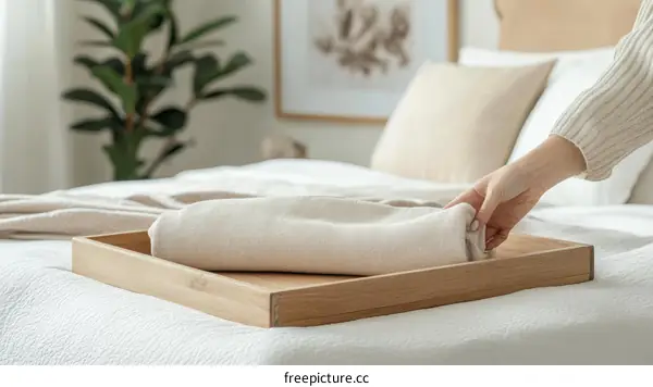 Woman Arranging Clothes on Wooden Tray in Bedroom