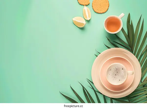 Tea Cup with Lemon and Cookies on Green Background
