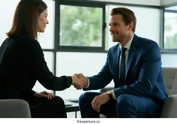 Two professionals shaking hands in a modern office setting