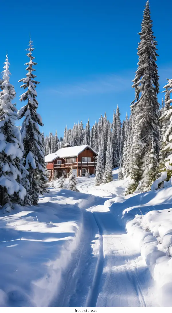 A wooden house in a snowy forest