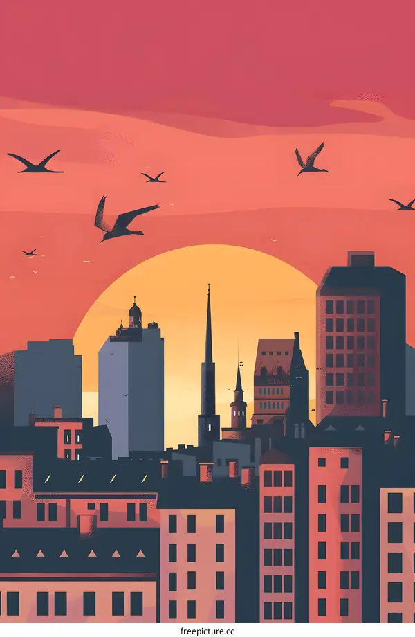 Sunset Skyline Cityscape Illustration