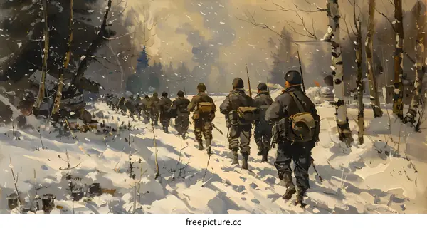 American soldiers advance through the snow during the Battle of the Bulge, 1944