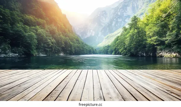 Tranquil Mountain River Lakeside Wooden Deck
