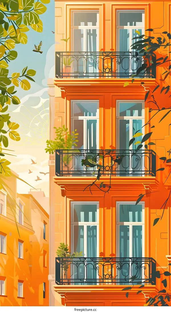 Colorful Building Facade with Balconies and Plants