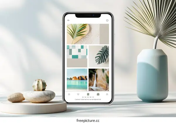 Mobile Phone Displaying Travel Photos with Minimalist Aesthetic