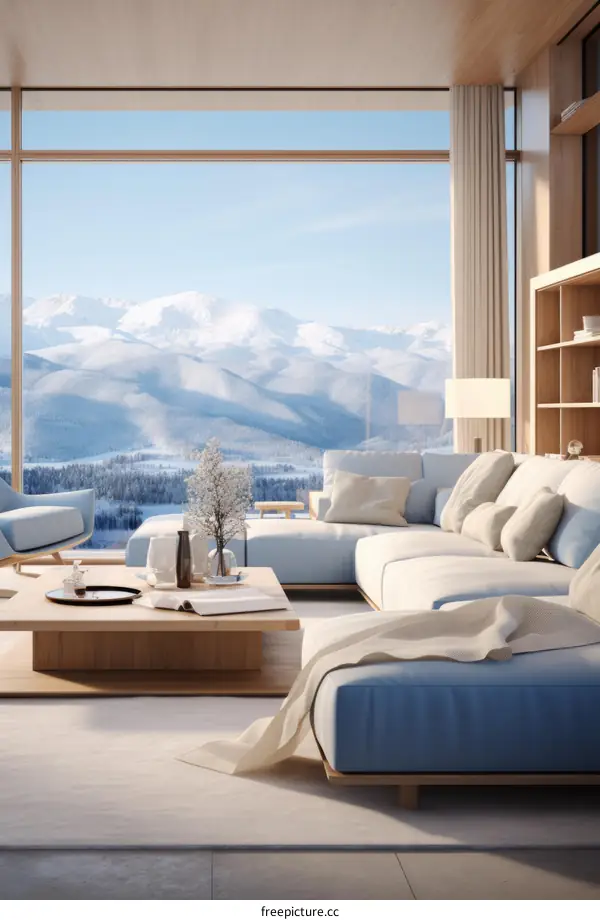Modern minimalist living room interior design with large windows and a view of the snow capped mountains