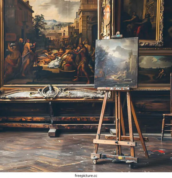 Wooden Easel with a Canvas in a Studio