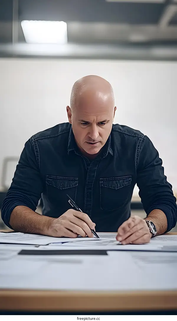 Caucasian Man Working on Paper Designs in Office