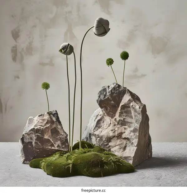 Green Plants on Grey Stone with Moss