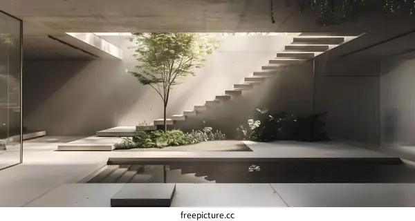 Modern Minimalist Concrete Courtyard with Stairs and Small Pond