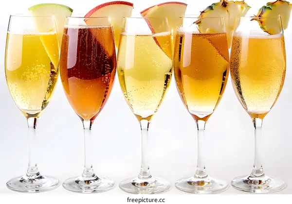 Five Glasses Of Sparkling Apple Cider And Pineapple Juice With Fruit Garnish
