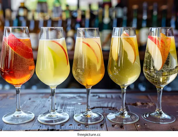 Four Glasses of Sparkling Apple Cider With Apple Slices