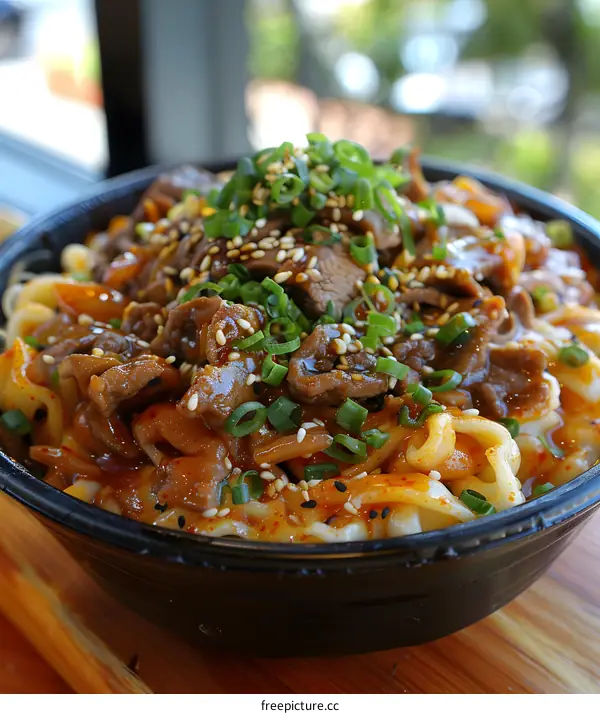 Korean spicy beef noodle soup with sesame seeds and spring onion in a black bowl
