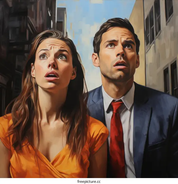 A man and a woman looking up in surprise