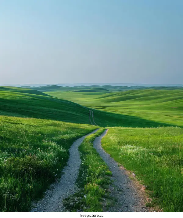 Countryside dirt road through rolling green hills