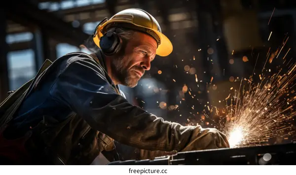 A worker wearing protective gear is welding metal in a factory