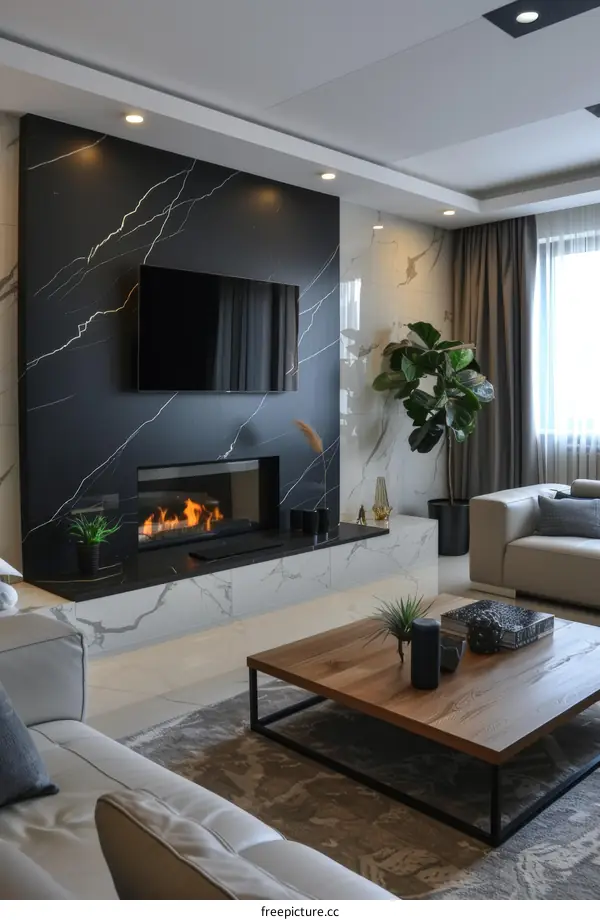 Modern Living Room with Marble Fireplace and TV Wall