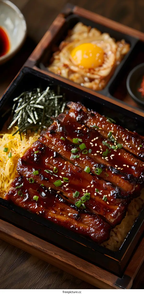 A delicious and healthy meal of pork ribs with rice and vegetables