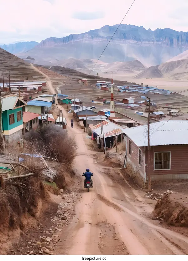 Mountain Village Road With Motorcycle
