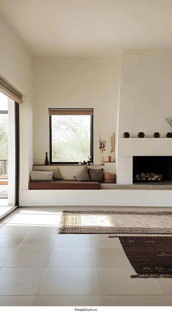 Minimalist Living Room with Window and Fireplace