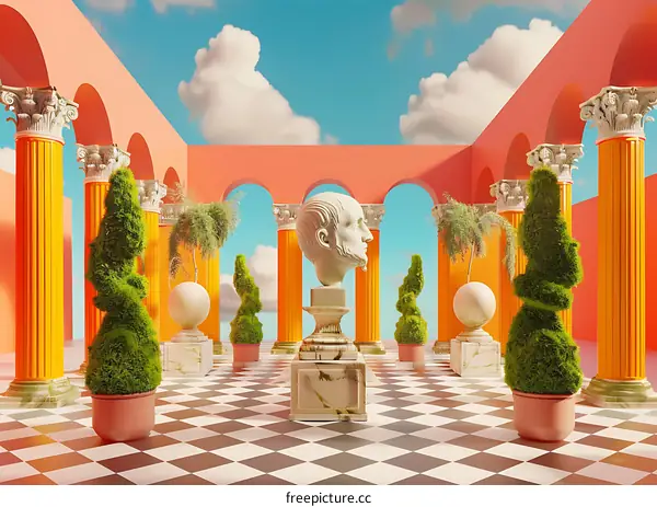 Surreal 3D Rendered Courtyard with Classical Sculpture