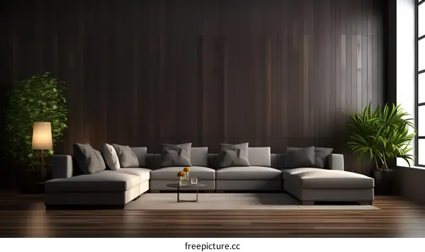 Modern living room interior with large corner sofa and plants