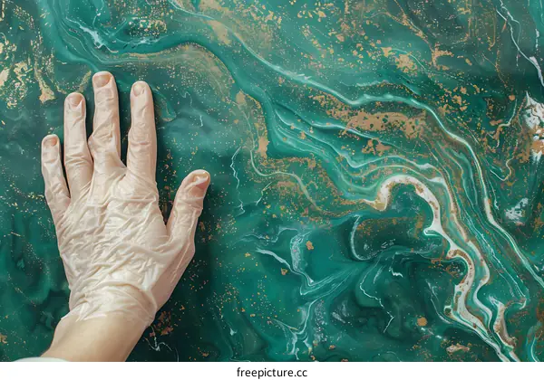 Hand in White Glove on Green Marble Background