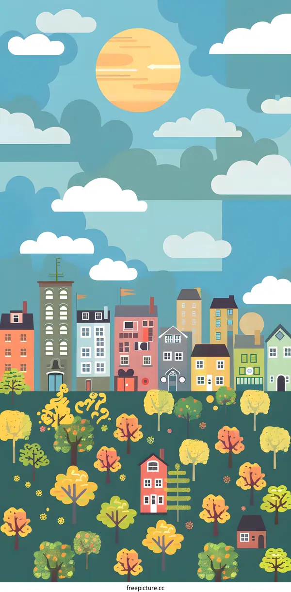 Colorful Illustration of a Town with Houses and Trees