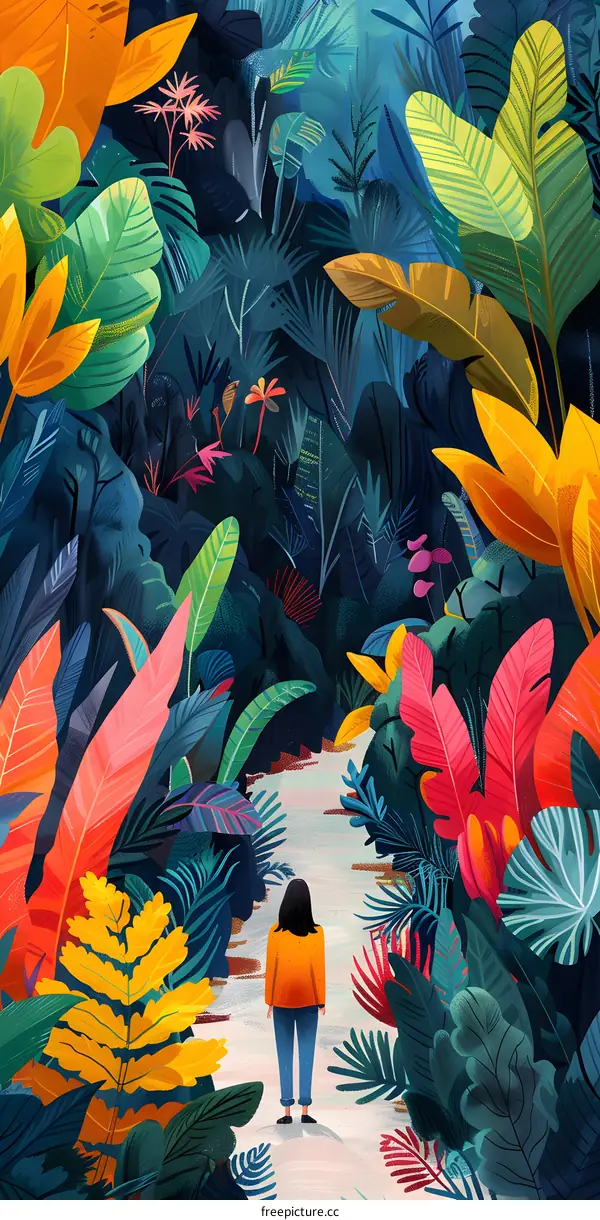 A girl walking in a colorful forest