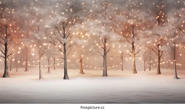 A beautiful winter forest with snow covered trees and twinkling lights