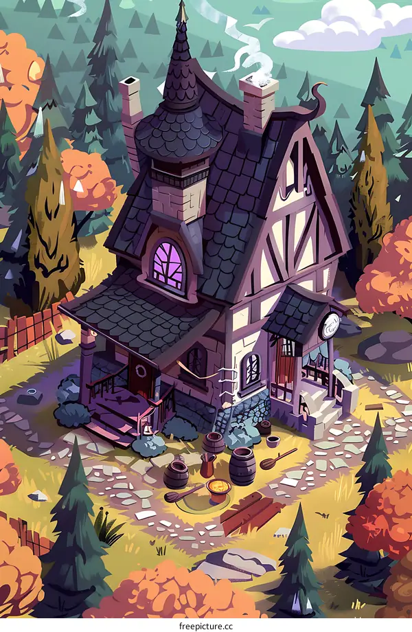 Cartoon Illustration of a Cozy Cottage in the Woods