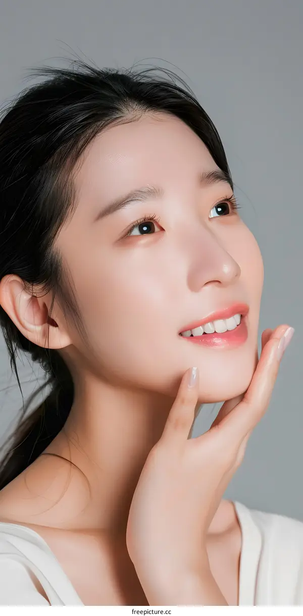 Portrait of a Beautiful Young Asian Woman with Long Black Hair Smiling at the Camera