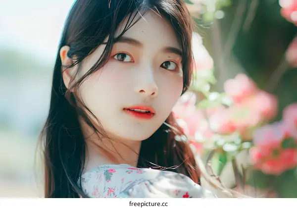 Portrait of a Beautiful Asian Woman with Long Black Hair in Floral Dress