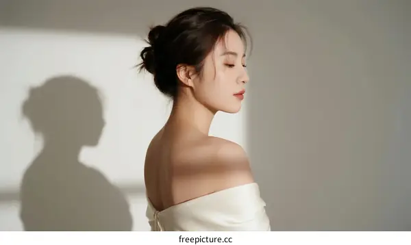 Elegant Woman with Updo Hairstyle in White Off-the-Shoulder Dress