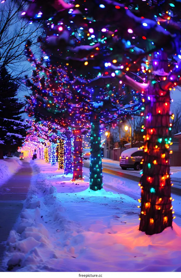 Christmas Lights on Trees in Snowy Street