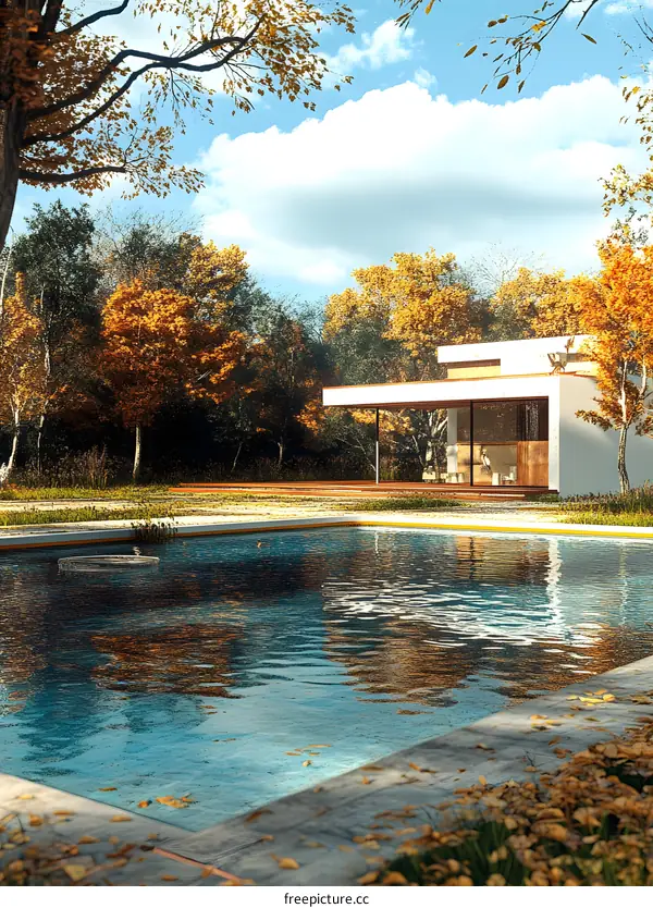 Modern House with Swimming Pool Surrounded by Autumn Trees